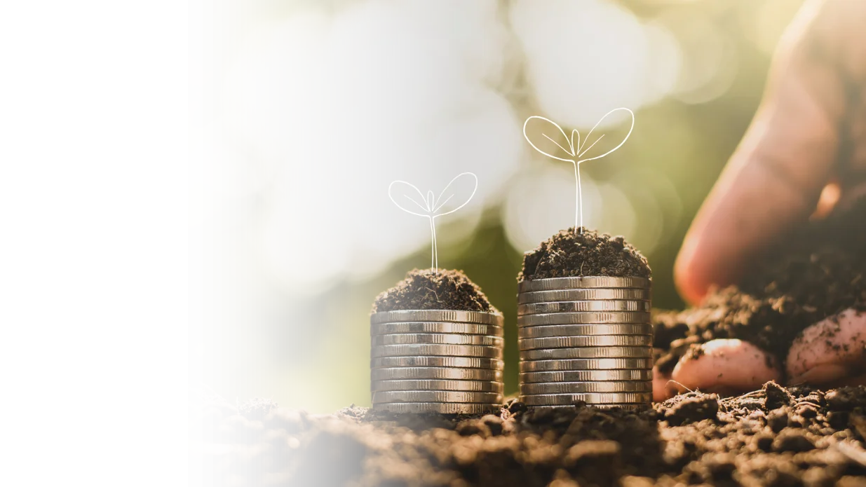 Stack of coins with dirt and a graphic leaf growing